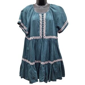 Madewell Embroidered Linen-Blend Flutter Sleeve Mini Dress Green Womens Large